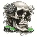 skull laying down on his back with a black heart and foggy mind with casino chips around him  tattoo design idea