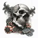 skull laying down on his back with a black heart and foggy mind with casino chips around him  tattoo design idea