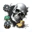 skull laying down on his back with a black heart and foggy mind with casino chips around him  tattoo design idea