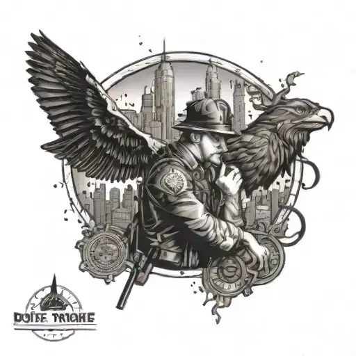 A dotwork tattoo of a corrections officer in a comic book style, surrounded by animals and gaming symbols, with the New York City skyline as a backdrop tattoo design idea