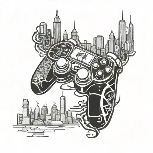 An intricate blackwork tattoo of a gaming controller morphing into a wild animal, with a comic book style New York City skyline in the background tattoo design idea