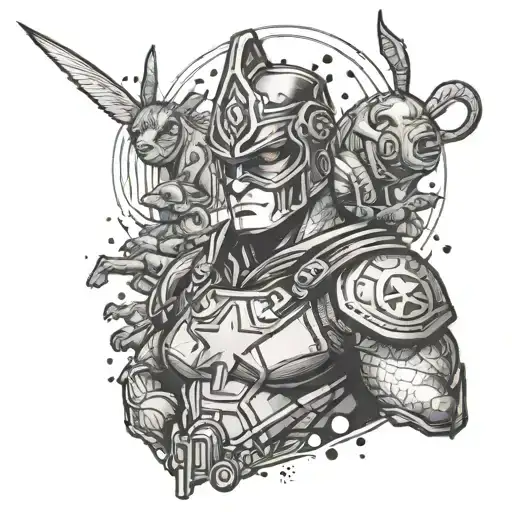 A comic book style tattoo featuring a corrections officer as a superhero with animals and gaming symbols in the background tattoo design idea