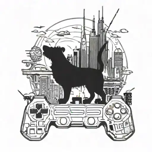 A futuristic cyberpunk version of a New York City skyline with animals and gaming elements integrated throughout tattoo design idea