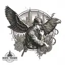 A dotwork tattoo of a corrections officer in a comic book style, surrounded by animals and gaming symbols, with the New York City skyline as a backdrop tattoo design idea
