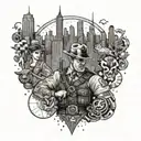 A dotwork tattoo of a corrections officer in a comic book style, surrounded by animals and gaming symbols, with the New York City skyline as a backdrop tattoo design idea