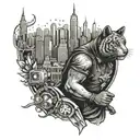 A dotwork tattoo of a corrections officer in a comic book style, surrounded by animals and gaming symbols, with the New York City skyline as a backdrop tattoo design idea