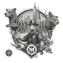 A dotwork tattoo of a corrections officer in a comic book style, surrounded by animals and gaming symbols, with the New York City skyline as a backdrop tattoo design idea