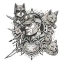 A comic book style tattoo featuring a corrections officer as a superhero with animals and gaming symbols in the background tattoo design idea