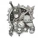 A comic book style tattoo featuring a corrections officer as a superhero with animals and gaming symbols in the background tattoo design idea