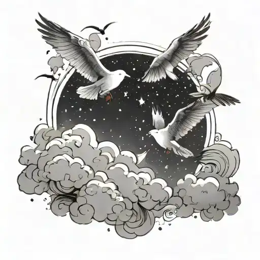 clouds and seagulls flying in the sky full of stars tattoo design idea