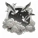 clouds and seagulls flying in the sky full of stars tattoo design idea