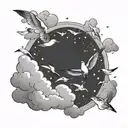 clouds and seagulls flying in the sky full of stars tattoo design idea