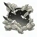 clouds and seagulls flying in the sky full of stars tattoo design idea