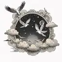 clouds and seagulls flying in the sky full of stars tattoo design idea