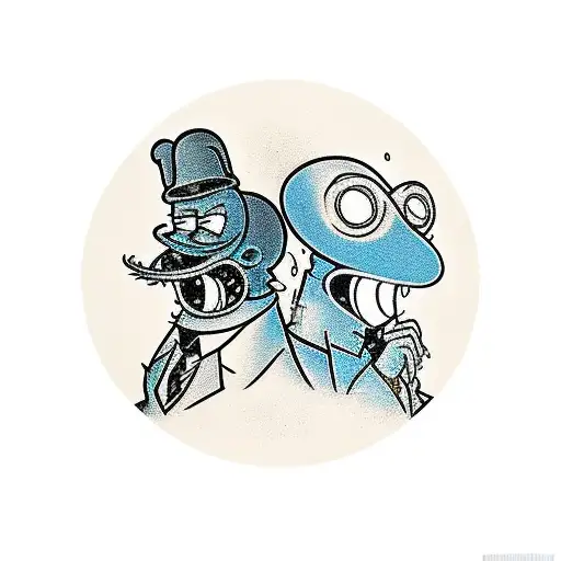Itchy & Scratchy face off, Itchy armed with a comical contraption. Spy vs. Spy spies lurk in shadows, one with gadgets,  tattoo design idea