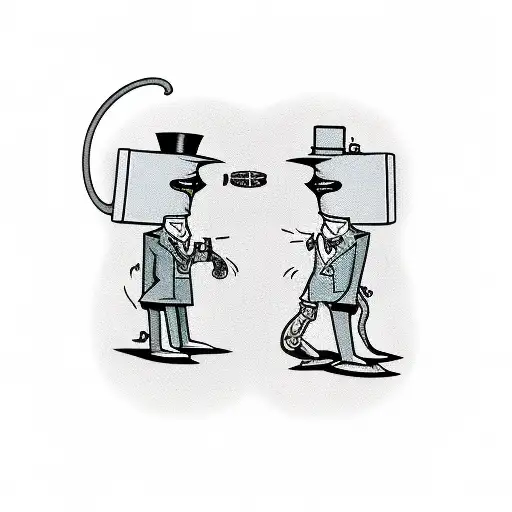 Itchy & Scratchy face off, Itchy armed with a comical contraption. Spy vs. Spy spies lurk in shadows, one with gadgets,  tattoo design idea