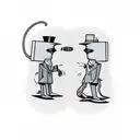 Itchy & Scratchy face off, Itchy armed with a comical contraption. Spy vs. Spy spies lurk in shadows, one with gadgets,  tattoo design idea