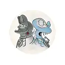 Itchy & Scratchy face off, Itchy armed with a comical contraption. Spy vs. Spy spies lurk in shadows, one with gadgets,  tattoo design idea