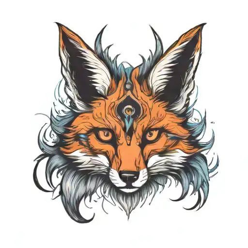 Stern-faced fox with galactic pupils and 3 horns  tattoo design idea