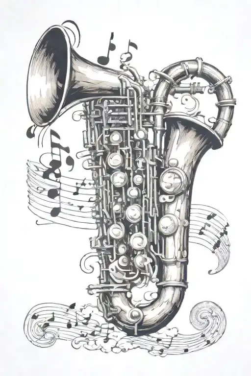 music notes flowing with saxophone and a trumpet surrounded by clouds and rays of sun tattoo design idea
