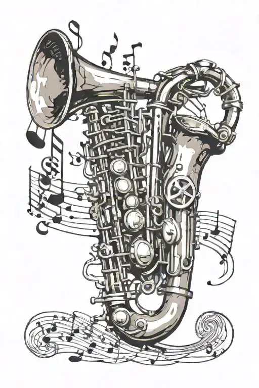 music notes flowing with saxophone and a trumpet coming out of his wrist tattoo design idea