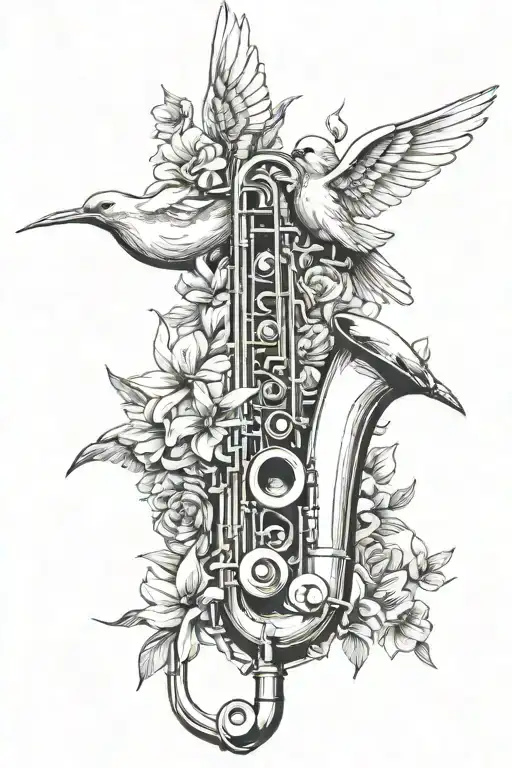 Incorporate saxophone and trumpet into a design featuring doves and angels tattoo design idea