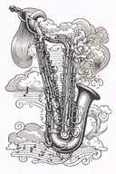 music notes flowing with saxophone and a trumpet surrounded by clouds and rays of sun tattoo design idea