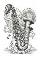music notes flowing with saxophone and a trumpet surrounded by clouds and rays of sun tattoo design idea