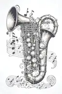 music notes flowing with saxophone and a trumpet surrounded by clouds and rays of sun tattoo design idea