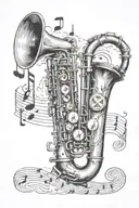 music notes flowing with saxophone and a trumpet surrounded by clouds and rays of sun tattoo design idea