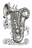 music notes flowing with saxophone and a trumpet coming out of his wrist tattoo design idea