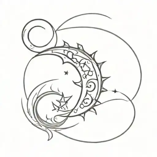 Small concept tattoo for sisters. Two intertwined celestial bodies - sun and moon - formed by a single continuous line.  tattoo design idea
