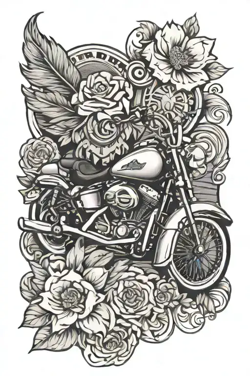 Harley-Davidson, wood grain, flower, adventure themed tattoo tattoo design idea