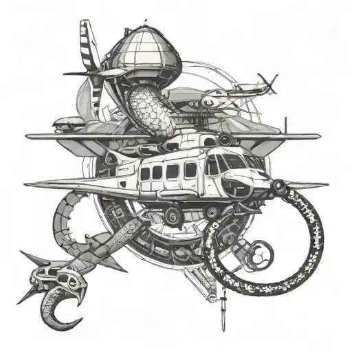 A tattoo design incorporating a chinook helicopter and a snake, representing your occupation as an aircraft mechanic and your love for snakes tattoo design idea