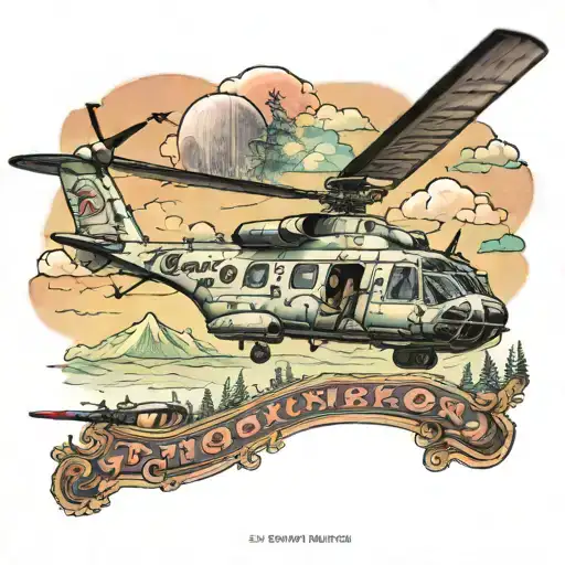 A tattoo design incorporating a chinook helicopter, with hidden names Payton and Kendall  tattoo design idea