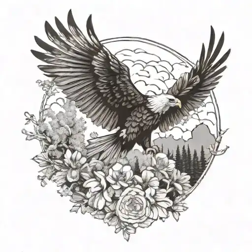 A tattoo of a majestic eagle soaring above a forest filled with flowers, symbolizing freedom and nature, with subtle hints of aircraft mechanic tools hidden in the design tattoo design idea
