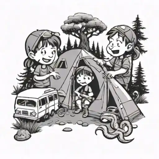 A tattoo of two playful kids, Payton and Kendall, camping in the wilderness surrounded by their favorite animals like snakes and spiders tattoo design idea
