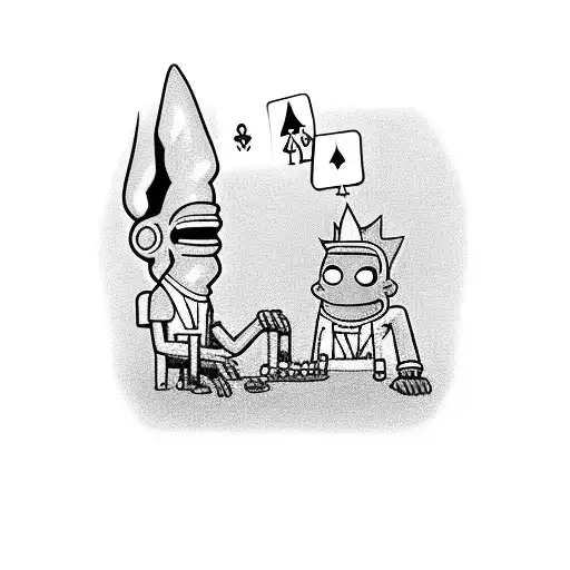 A black and grey tattoo of Rick Sanchez and Bender from Futurama engaging in a high-stakes game of blackjack tattoo design idea
