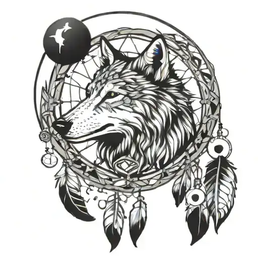 white/black wolf full moon dream catcher tattoo design idea