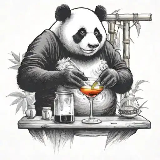 A black and white panda bartender mixing a cocktail on a bamboo bar counter tattoo design idea