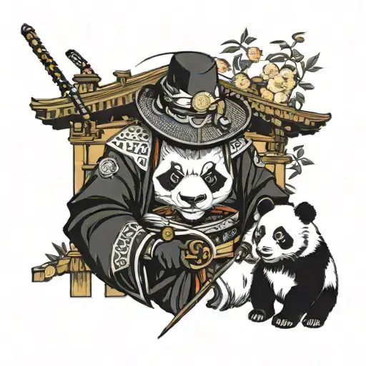 black and white panda,samurai,bartender tattoo design idea