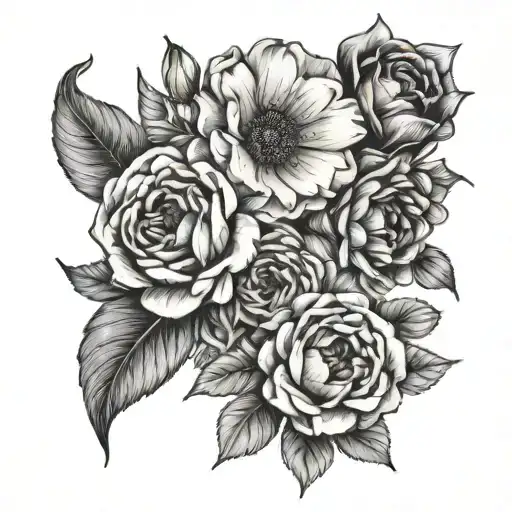 January, June, August, November and December birth flowers arranged tattoo design idea