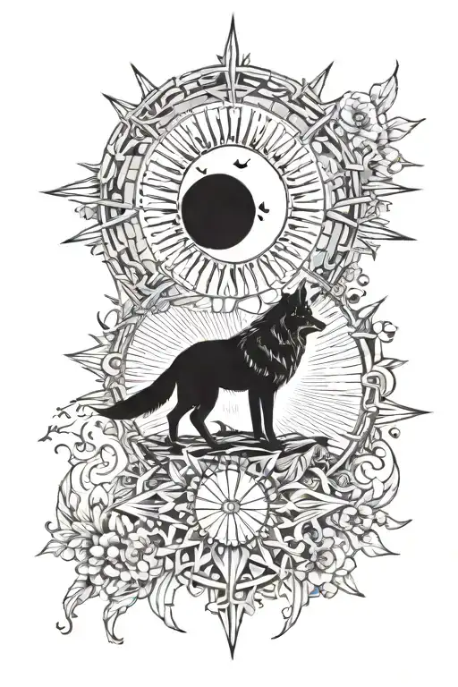 momento mori wolf and a moon an sun rays included tattoo design idea