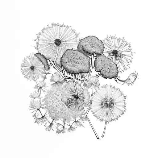 lavender, dandelions, olive branches, mint, camellias, country flowers, raspberries, fern leaves and eucalyptus seeds tattoo design idea