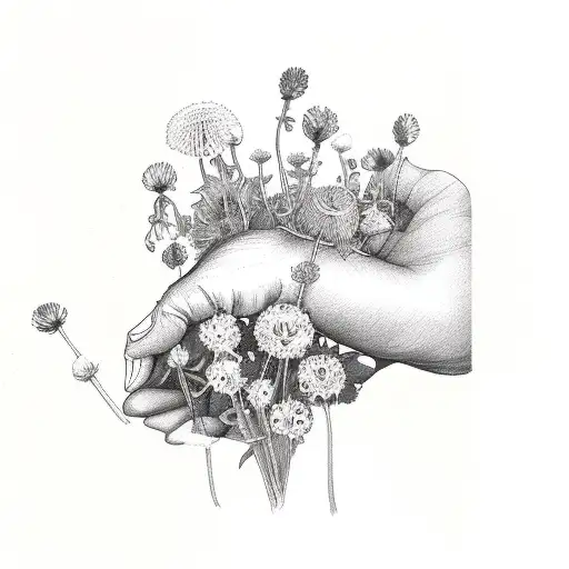 two empty open hands facing the viewer surrounded by lavender, dandelions, mint, camellias, wild flowers and rasberries tattoo design idea