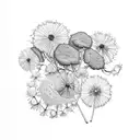 lavender, dandelions, olive branches, mint, camellias, country flowers, raspberries, fern leaves and eucalyptus seeds tattoo design idea