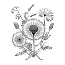 lavender, dandelions, olive branches, mint, camellias, country flowers, raspberries, fern leaves and eucalyptus seeds tattoo design idea