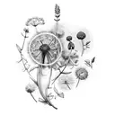 lavender, dandelions, olive branches, mint, camellias, country flowers, raspberries, fern leaves and eucalyptus seeds tattoo design idea