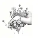 two empty open hands facing the viewer surrounded by lavender, dandelions, mint, camellias, wild flowers and rasberries tattoo design idea
