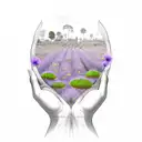 two empty open hands facing the viewer surrounded by lavender, dandelions, mint, camellias, wild flowers and rasberries tattoo design idea